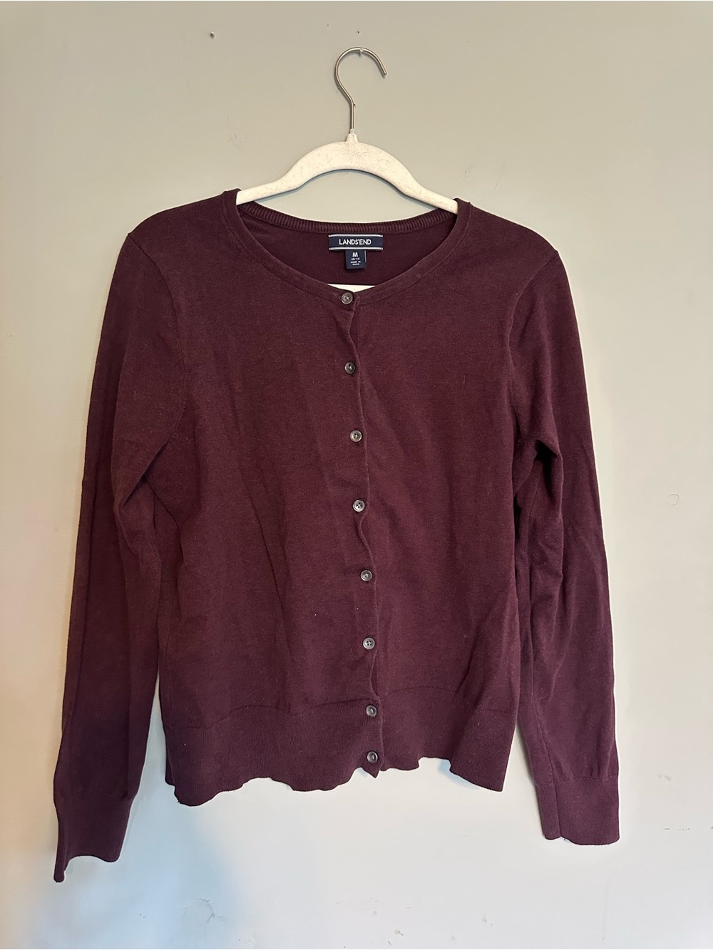 Lands' End Plum Burgundy Cotton Button Front Cardigan Size M Academia Preppy